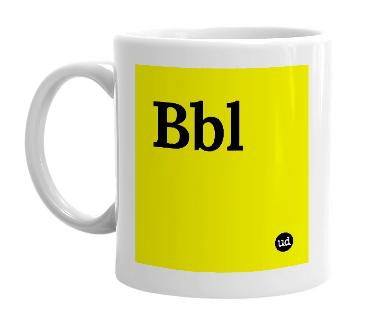 White mug with 'Bbl' in bold black letters