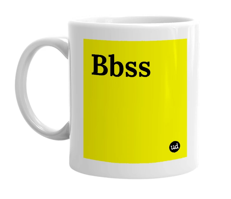 White mug with 'Bbss' in bold black letters