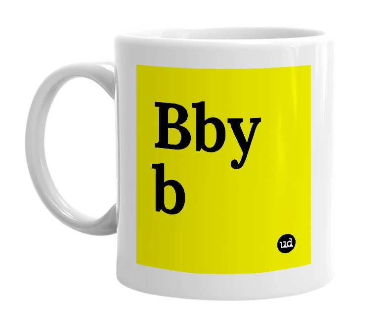 White mug with 'Bby b' in bold black letters