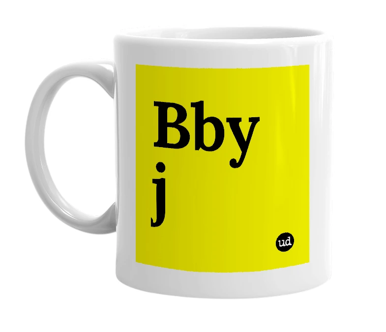 White mug with 'Bby j' in bold black letters
