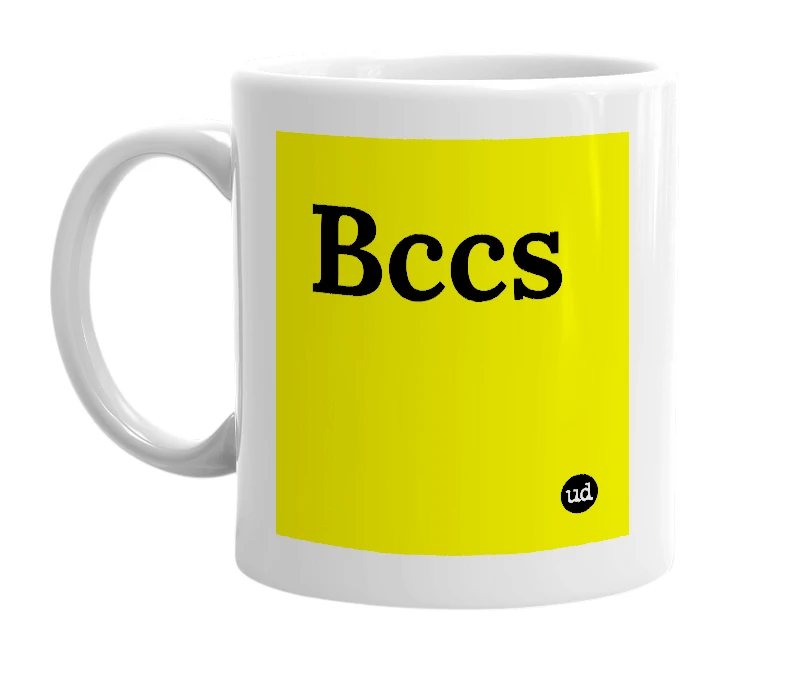 White mug with 'Bccs' in bold black letters