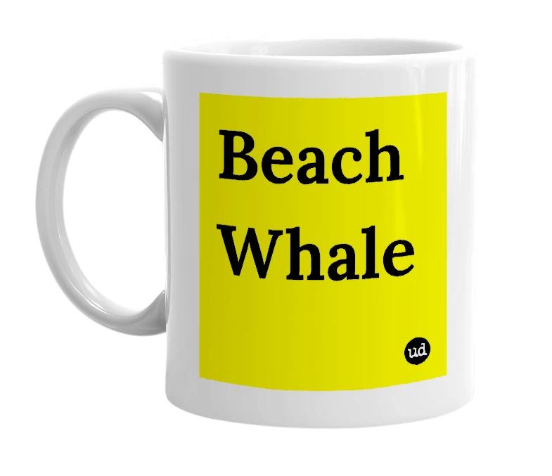 White mug with 'Beach Whale' in bold black letters