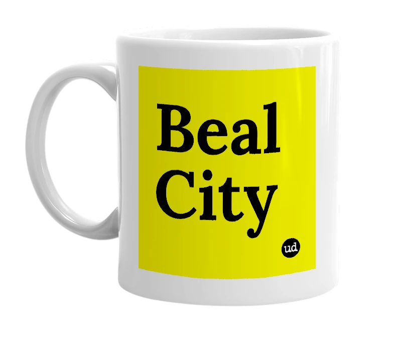 White mug with 'Beal City' in bold black letters