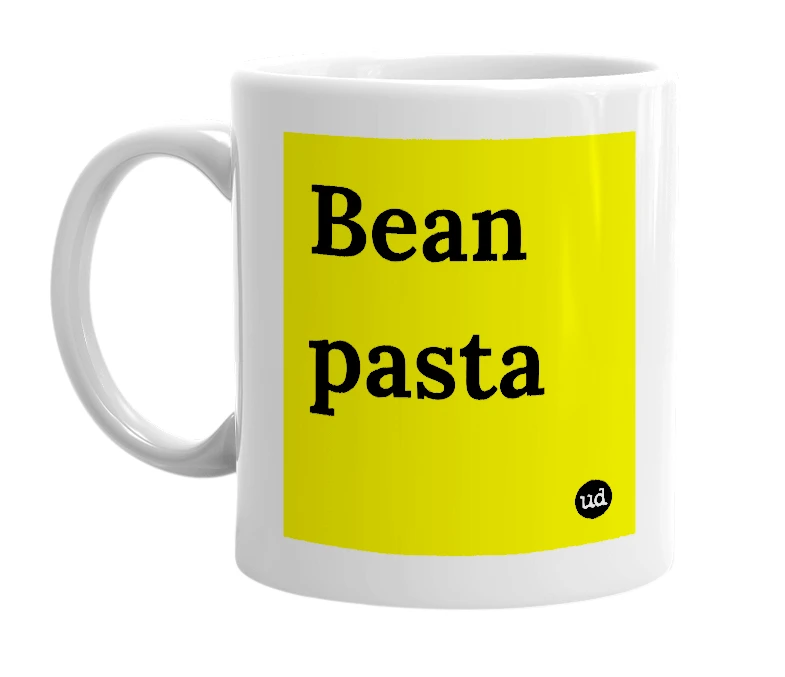 White mug with 'Bean pasta' in bold black letters