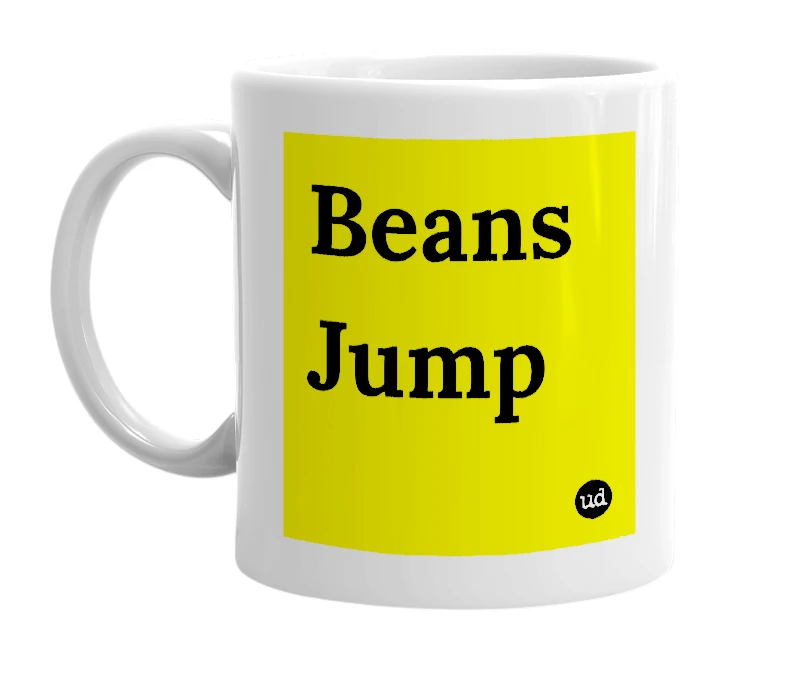 White mug with 'Beans Jump' in bold black letters