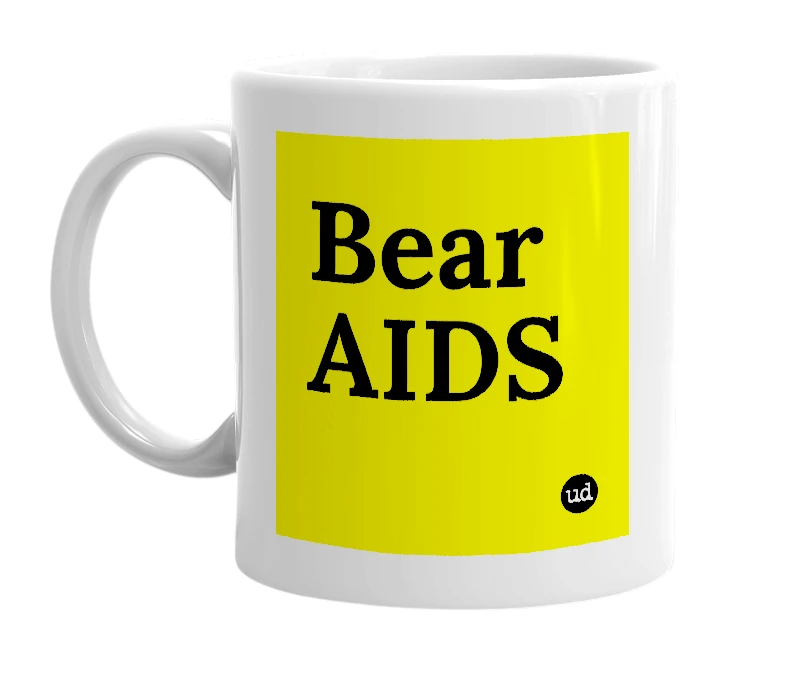 White mug with 'Bear AIDS' in bold black letters