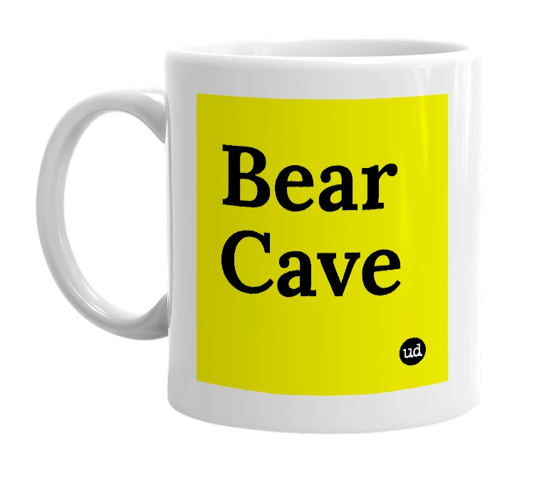 White mug with 'Bear Cave' in bold black letters
