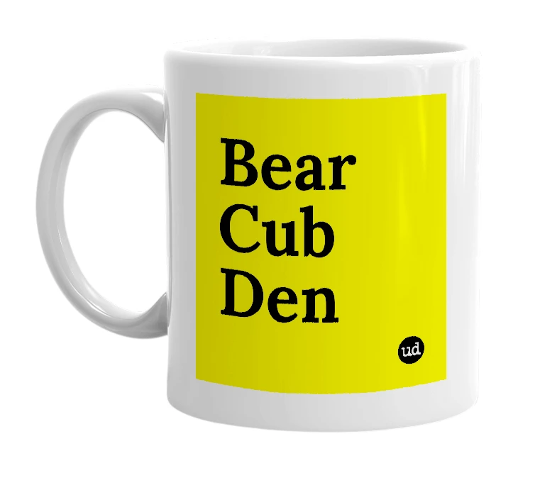 White mug with 'Bear Cub Den' in bold black letters