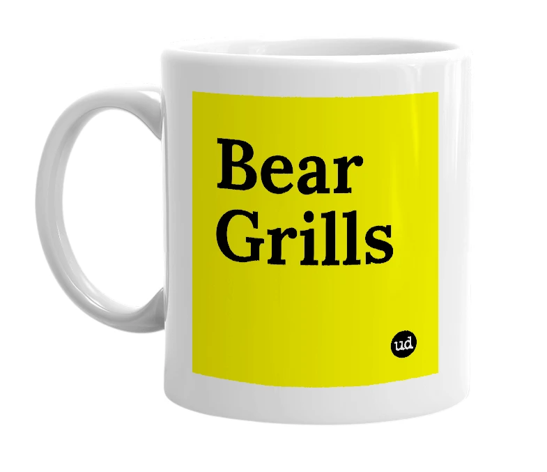 White mug with 'Bear Grills' in bold black letters