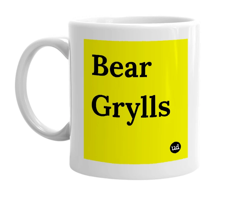 White mug with 'Bear Grylls' in bold black letters