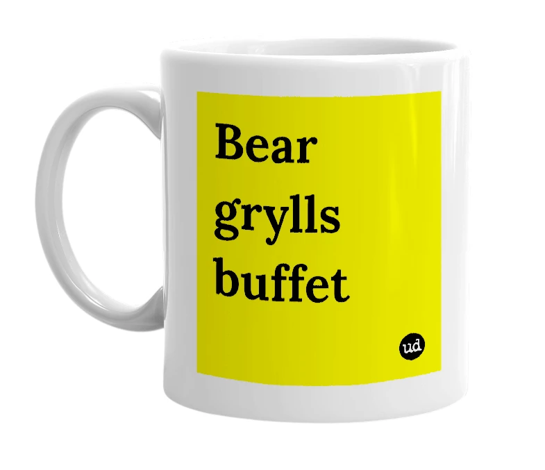 White mug with 'Bear grylls buffet' in bold black letters
