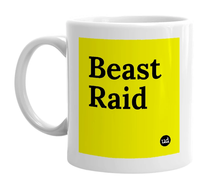 White mug with 'Beast Raid' in bold black letters