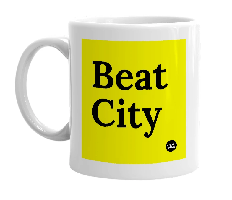 White mug with 'Beat City' in bold black letters