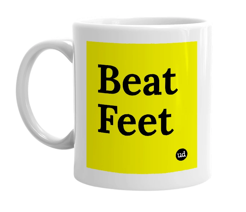White mug with 'Beat Feet' in bold black letters