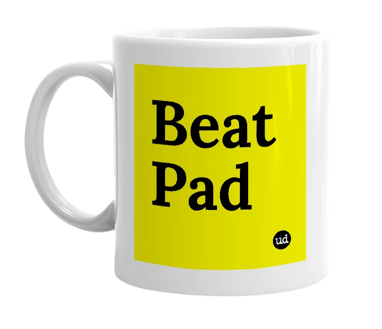 White mug with 'Beat Pad' in bold black letters