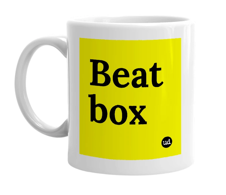 White mug with 'Beat box' in bold black letters