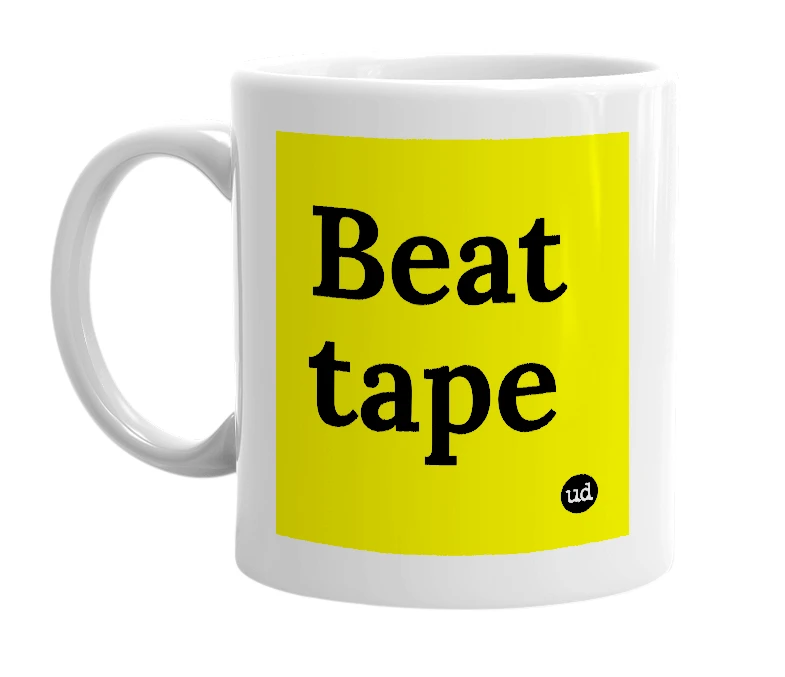 White mug with 'Beat tape' in bold black letters