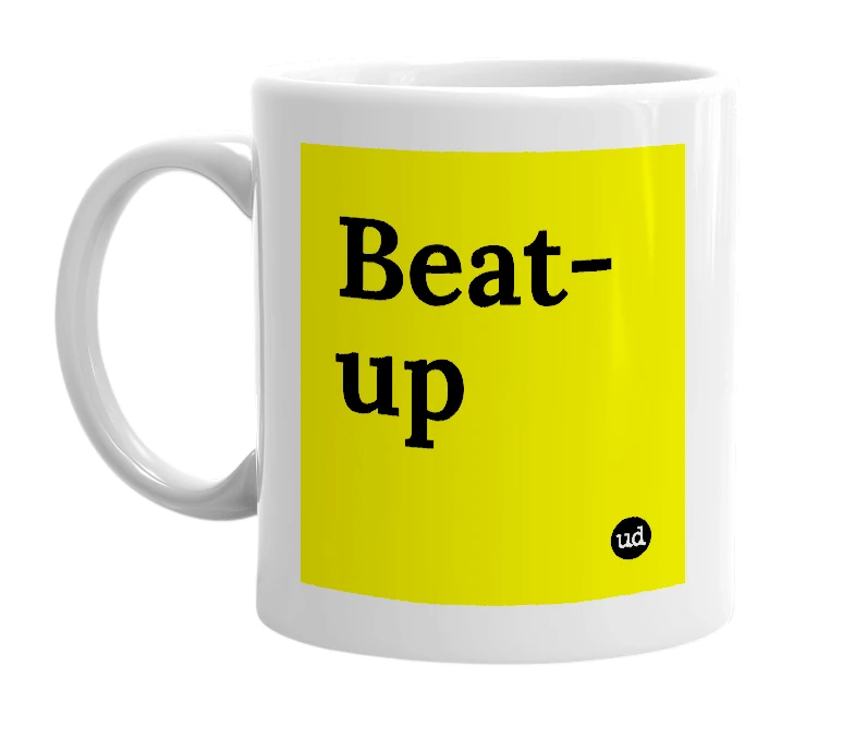 White mug with 'Beat-up' in bold black letters