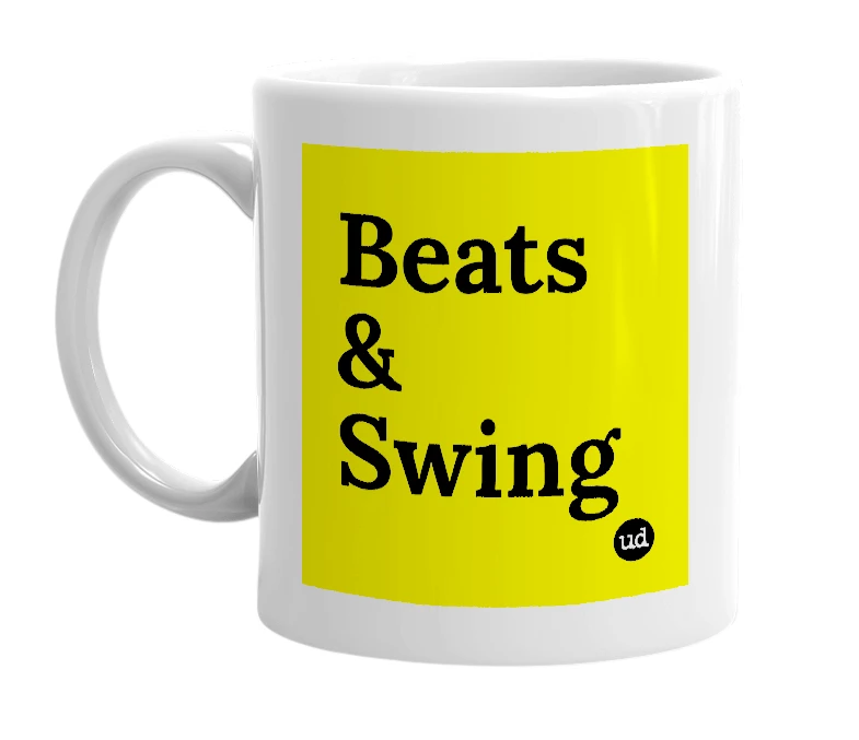 White mug with 'Beats & Swing' in bold black letters