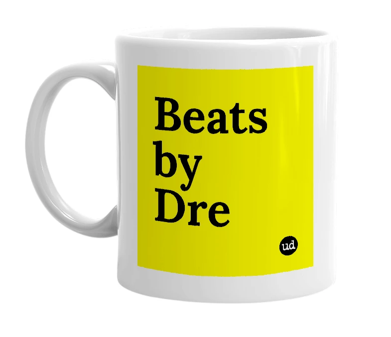 White mug with 'Beats by Dre' in bold black letters