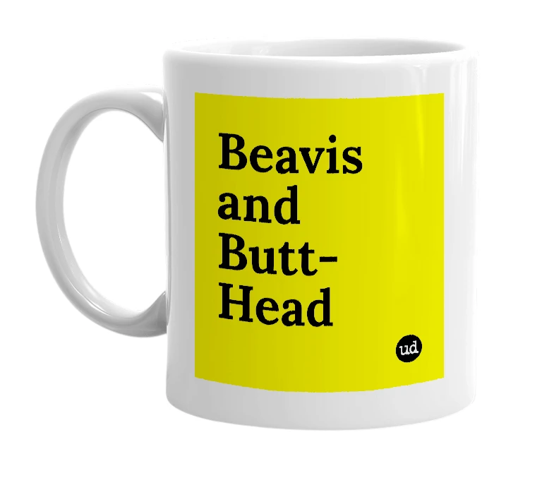White mug with 'Beavis and Butt-Head' in bold black letters