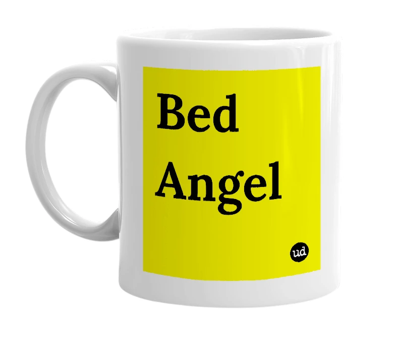White mug with 'Bed Angel' in bold black letters