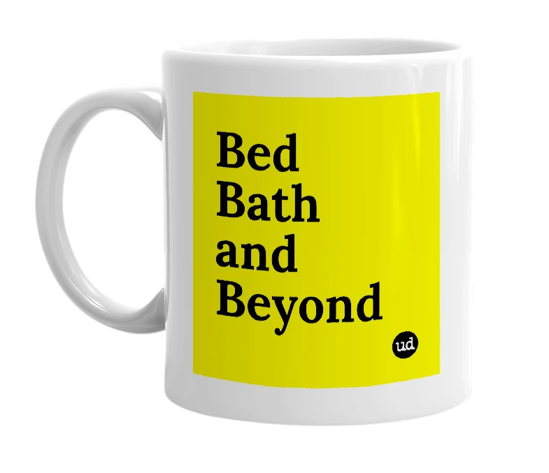 White mug with 'Bed Bath and Beyond' in bold black letters