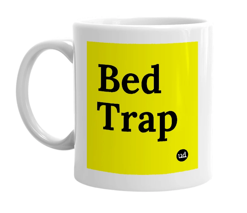 White mug with 'Bed Trap' in bold black letters