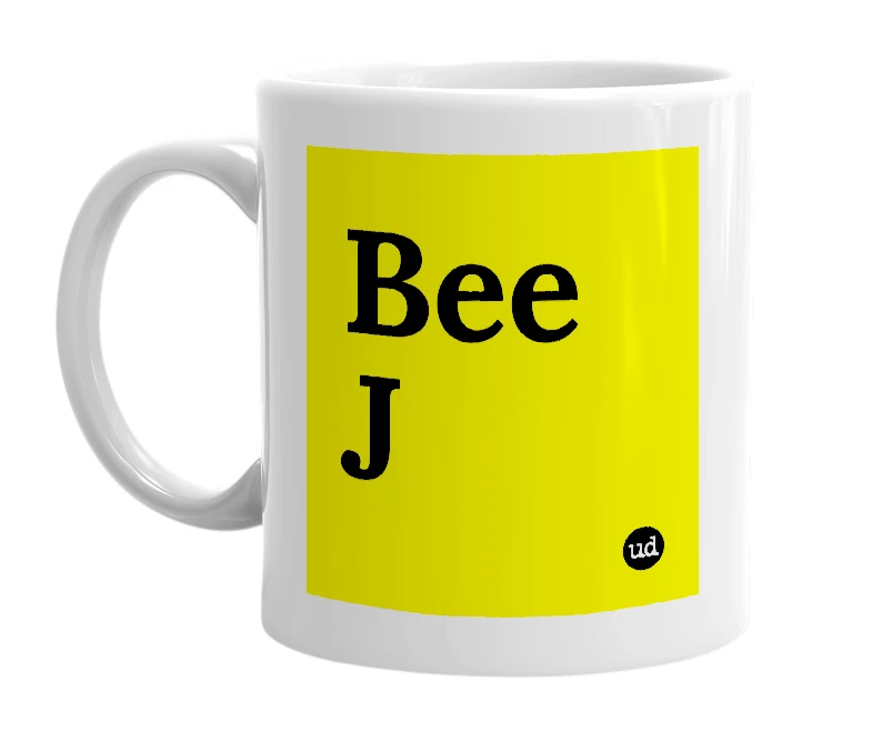 White mug with 'Bee J' in bold black letters