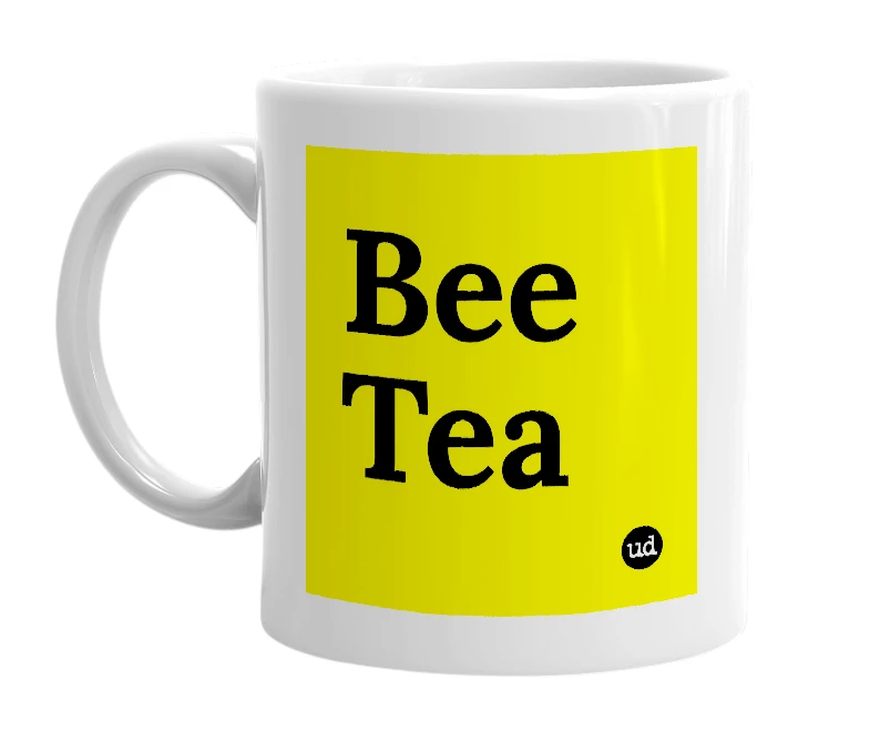 White mug with 'Bee Tea' in bold black letters
