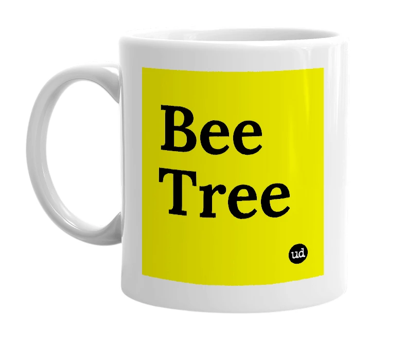 White mug with 'Bee Tree' in bold black letters