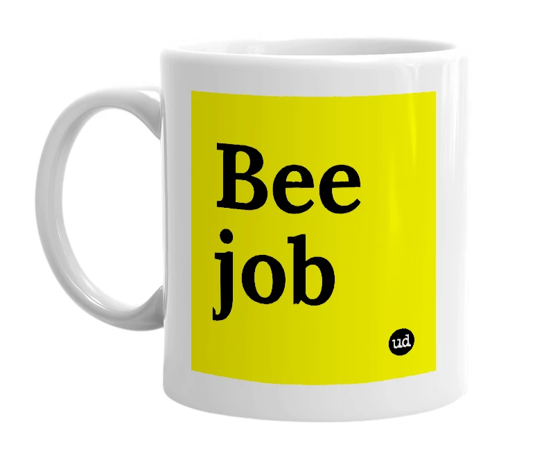 White mug with 'Bee job' in bold black letters