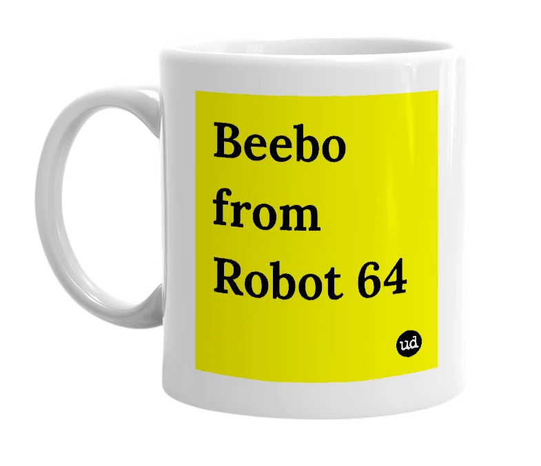 White mug with 'Beebo from Robot 64' in bold black letters