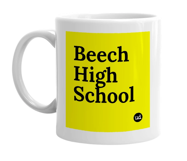 White mug with 'Beech High School' in bold black letters