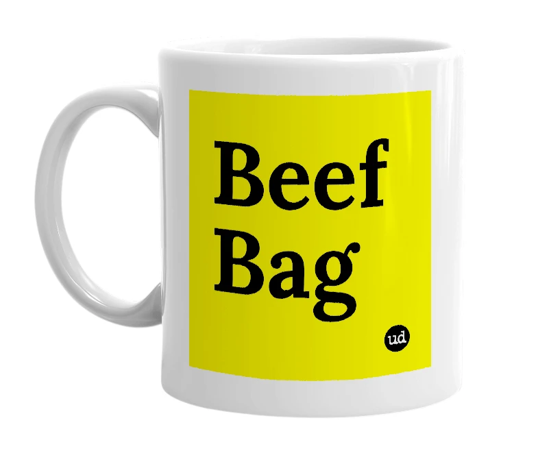 White mug with 'Beef Bag' in bold black letters