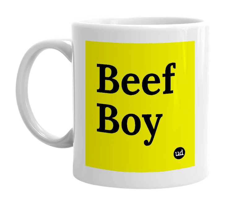 White mug with 'Beef Boy' in bold black letters