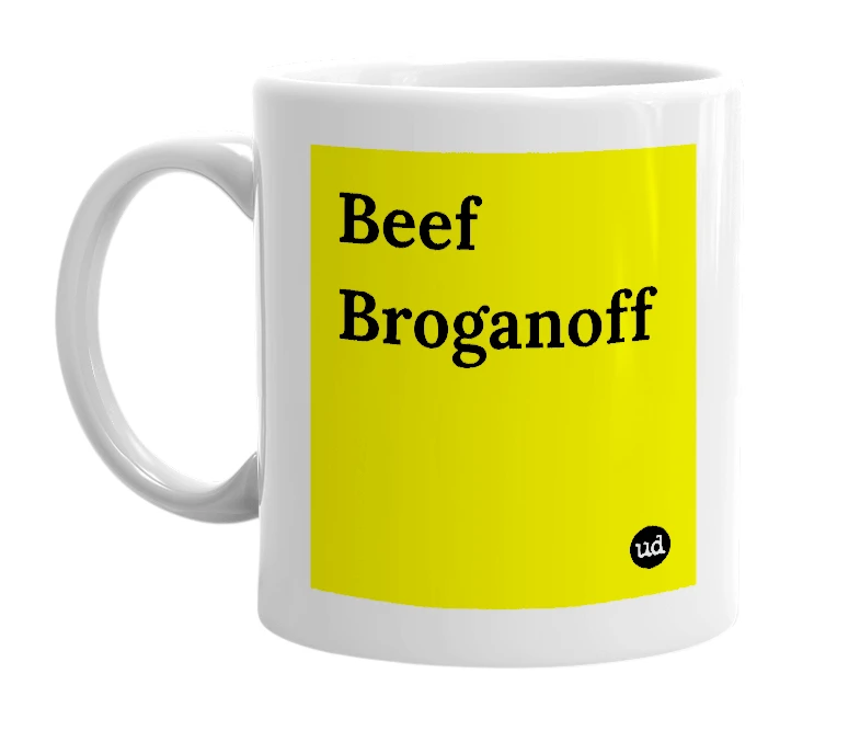 White mug with 'Beef Broganoff' in bold black letters