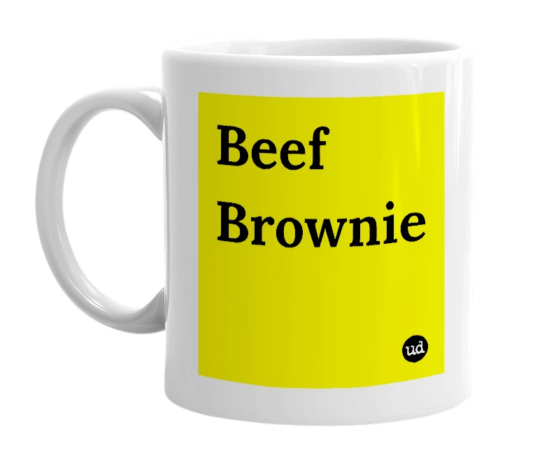 White mug with 'Beef Brownie' in bold black letters