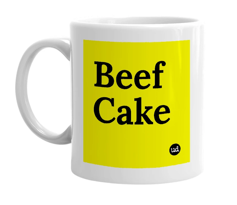 White mug with 'Beef Cake' in bold black letters