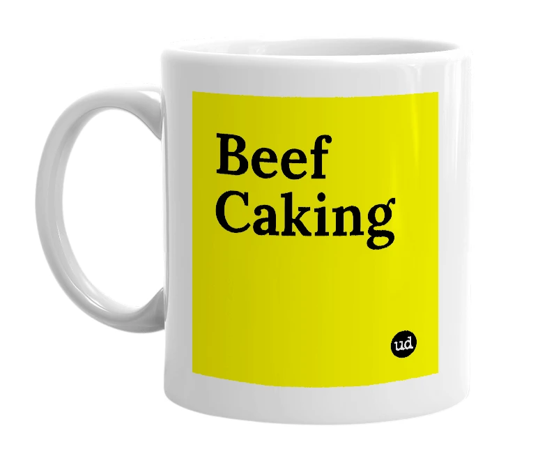 White mug with 'Beef Caking' in bold black letters