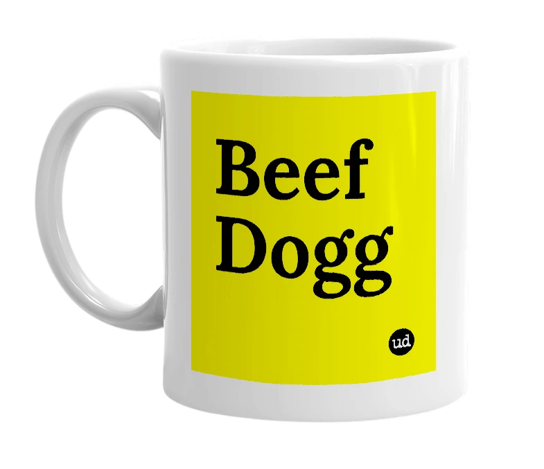 White mug with 'Beef Dogg' in bold black letters