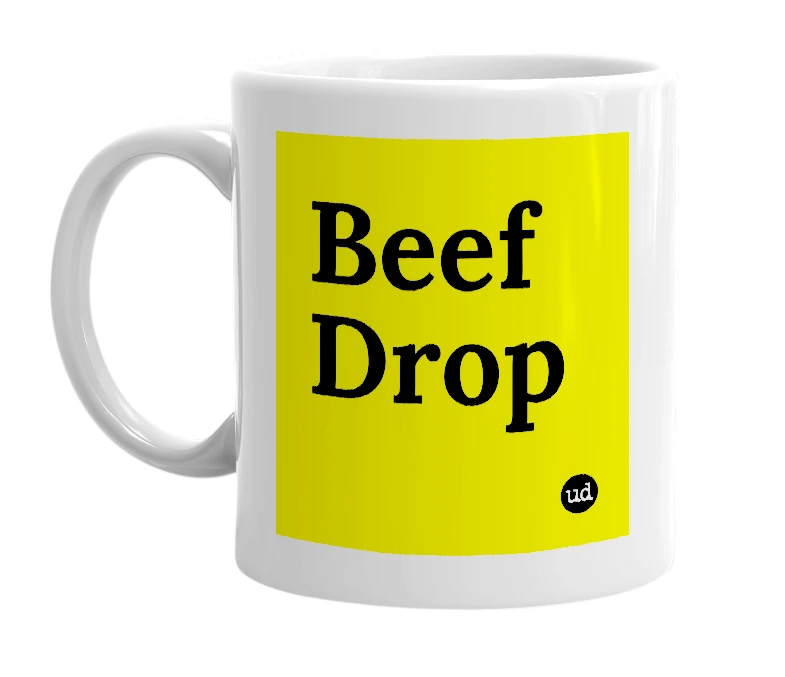White mug with 'Beef Drop' in bold black letters