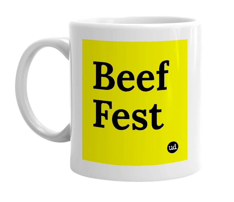 White mug with 'Beef Fest' in bold black letters