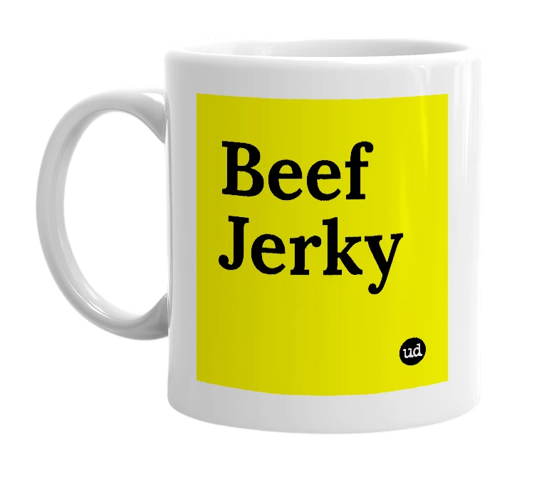 White mug with 'Beef Jerky' in bold black letters