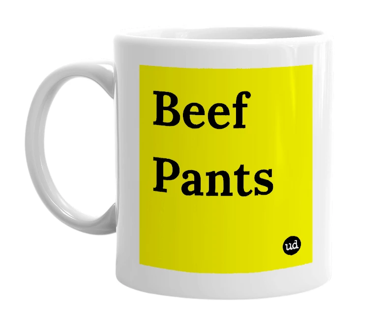 White mug with 'Beef Pants' in bold black letters