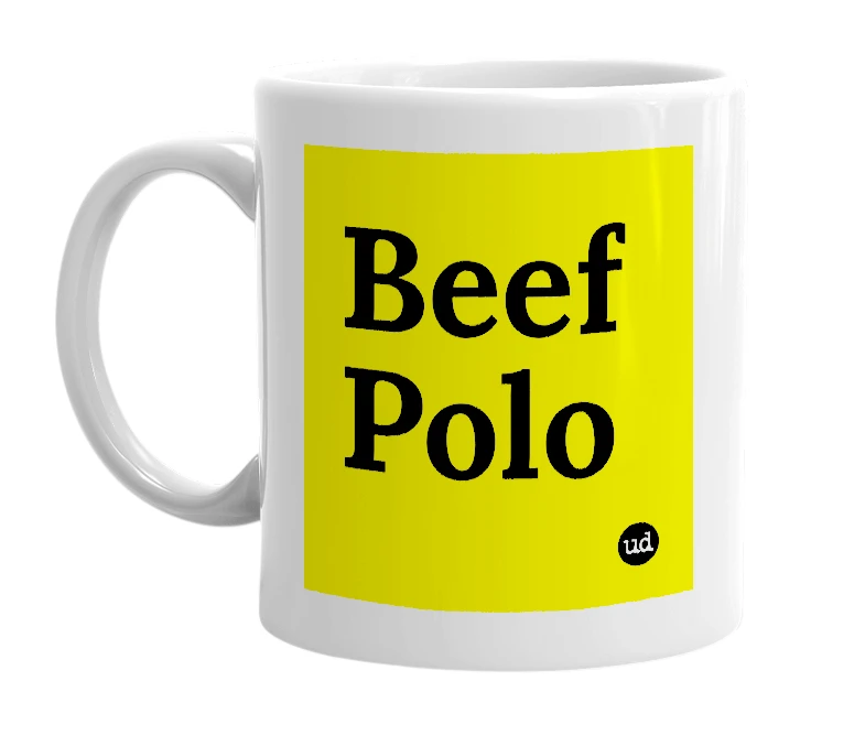 White mug with 'Beef Polo' in bold black letters