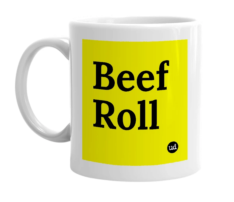 White mug with 'Beef Roll' in bold black letters