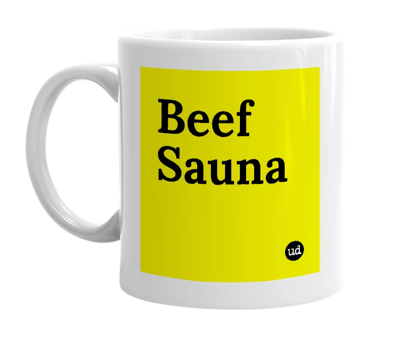 White mug with 'Beef Sauna' in bold black letters