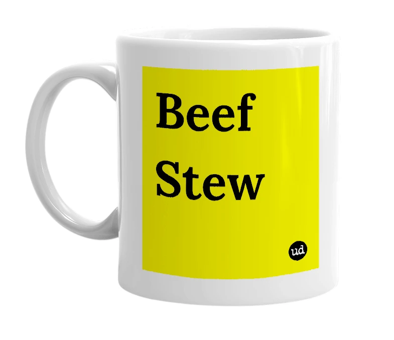 White mug with 'Beef Stew' in bold black letters