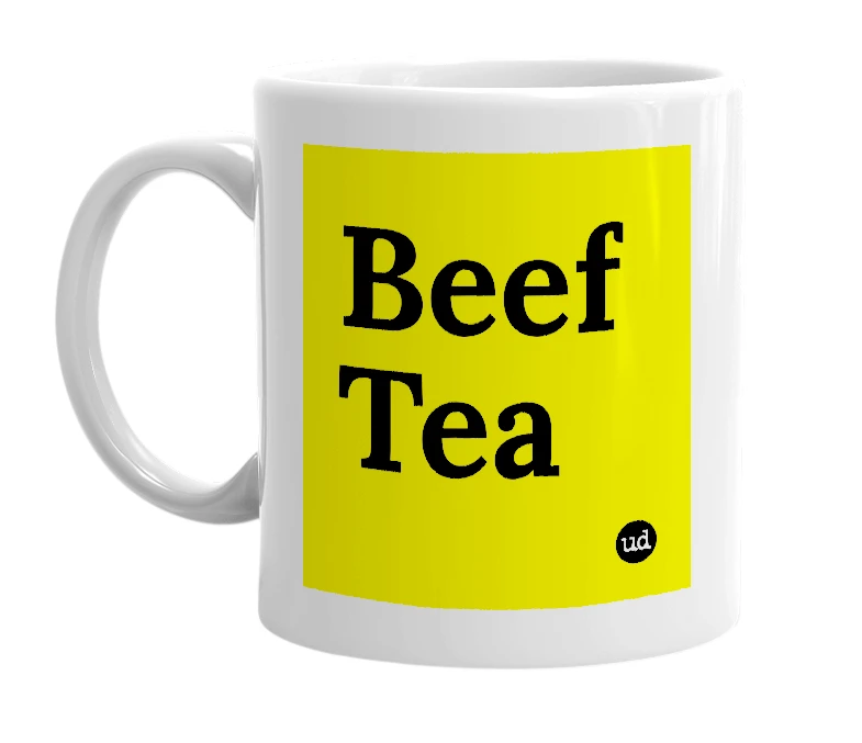 White mug with 'Beef Tea' in bold black letters